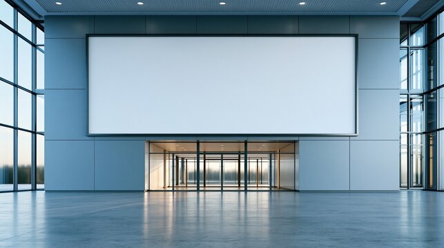 Spacious modern interior lobby with large blank billboard screen above entrance