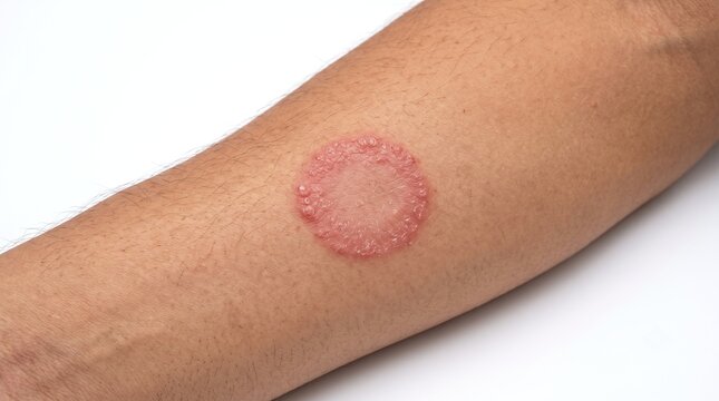 Close up view of tinea corporis ringworm circular fungal lesion rash on forearm skin