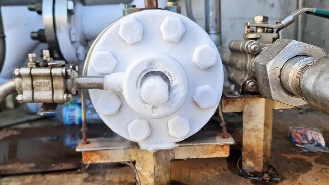 Extreme freezing on industrial pipeline flange covered in thick white ice and cold vapor from a cryogenic liquid system