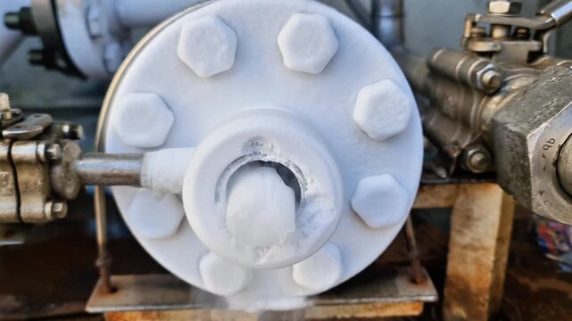 Heavy duty industrial pipeline flange heavily frozen with thick white frost and cold vapor in cryogenic liquid system