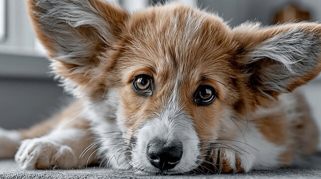 Adorable Welsh Corgi Puppy with Big Ears Lying Down Looking Sad and Cute