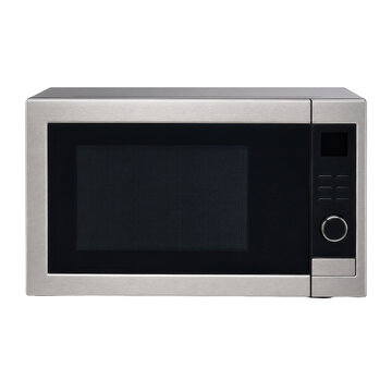 Modern stainless steel microwave oven with a sleek black door and control panel, isolated on a clean white background