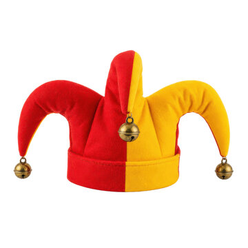 Colorful red and yellow jester hat with three points and brass bells, isolated on a clean white background