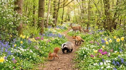 Naklejka premium Enchanted Woodland Path: A picturesque forest trail bursts with vibrant wildflowers and lush greenery, guiding viewers through a magical scene where a fox, badger, squirrel.