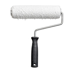 Fototapeta premium Used white paint roller with drips of fresh paint on its textured surface, isolated on a clean white background