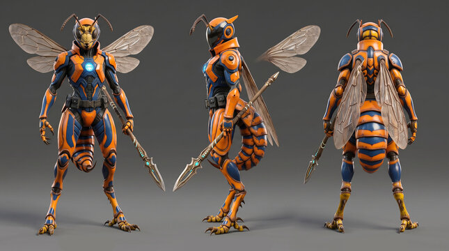 Sci-fi humanoid wasp warrior character turnaround sheet, high-tech orange and blue mechanical armor concept art with insect wings, front view, side profile view, and back view, studio background, gene