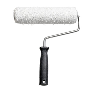 Used white paint roller with drips of fresh paint on its textured surface, isolated on a clean white background