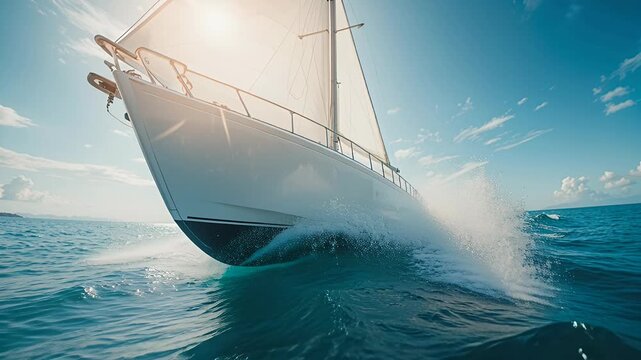 sailboat sailing on blue sea under sunny sky with white sails