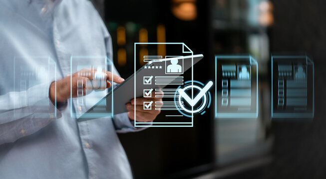 Business professional using tablet with digital checklist, verified documents, approval workflow and compliance management for office background.