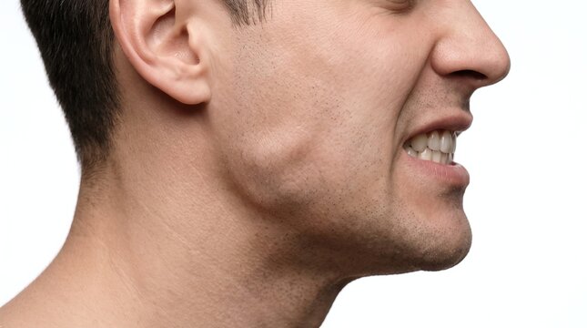 Profile Close Up of Man Clenching Teeth with Enlarged Masseter Muscle and Temporomandibular Tension