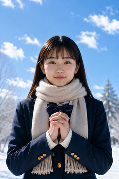 冬の青空の下で合格を願う笑顔の女子高校生