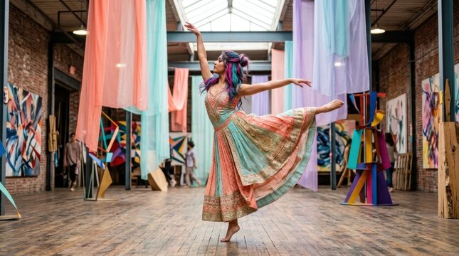 Artistic Expression in Motion: A dancer gracefully embodies her art, her flowing dress echoing the vibrant, suspended fabric art in a bohemian-inspired studio, radiating creativity and passion.