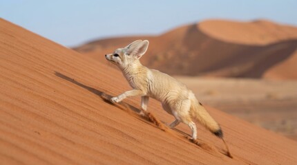 Naklejka premium Fennec Fox on Sand Dune: A fennec fox with its characteristic large ears navigates the sandy slopes of a desert dune under a clear blue sky, showcasing its adaptation to arid environments.