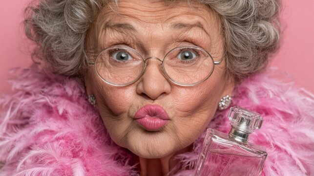 The image shows an elderly woman with curly hair, wearing round-framed glasses and a pink feather shawl. She is making a playful pouting gesture as if she's about to kiss someone