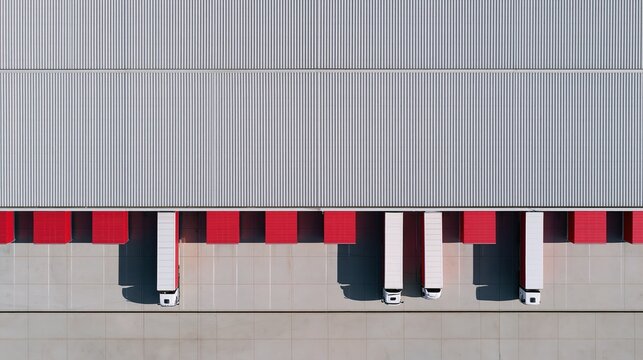 Aerial view of a modern warehouse loading dock with trucks ready for distribution and logistics operations