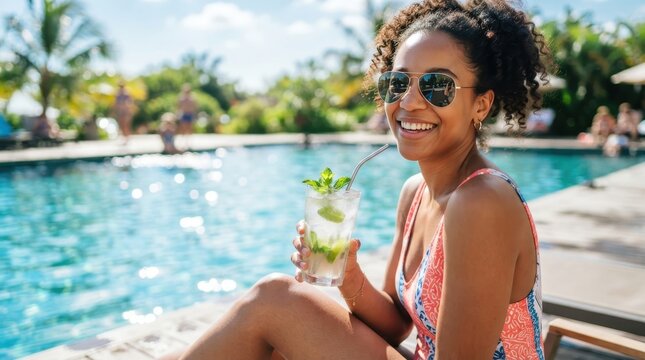 Tropical Bliss: A radiant young woman relaxes by a pristine poolside, sipping a refreshing cocktail and enjoying a sun-drenched vacation, embodying the essence of leisure and escape.