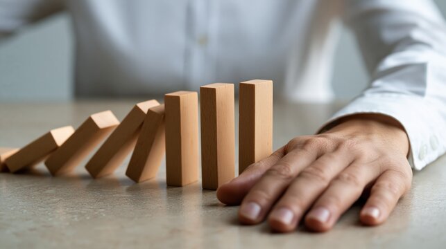 Hand stopping falling dominoes to prevent chain reaction, crisis management concept
