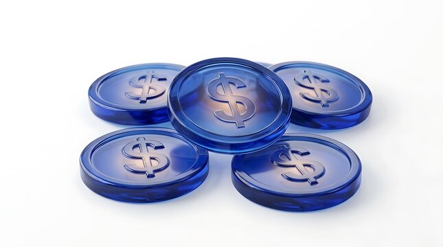 Pile of blue glass dollar coins, glossy semi-transparent 3D render currency tokens on white background
