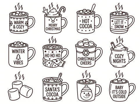 Cozy Christmas Hot Cocoa Line Art Collection for Holiday Crafts, Labels and Merchandise
