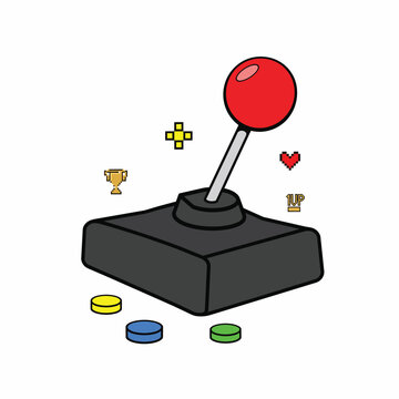 Arcade joystick with pixelated icons floats against a white background a retro vector illustration controller gamepad vintage eighties nineties eight bit graphic design flat colorful red