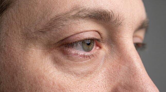 Extreme macro close up of human eye showing dry bloodshot sclera and eyelid skin texture