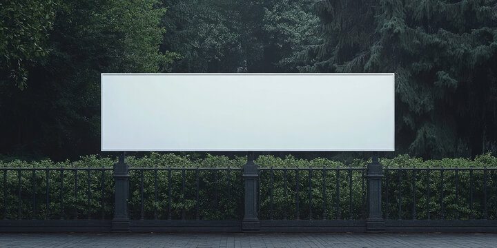 In the center of the image is a horizontal, completely blank white outdoor billboard, below which is a black wrought iron fence. The background is a dense, dark green forest