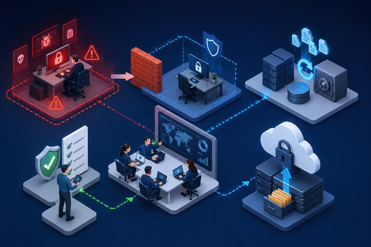 Isometric Cybersecurity Incident Response Workflow with Attack Detection, Firewall, Recovery and Secure Cloud Backup