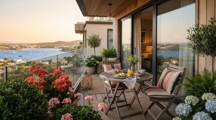 Fototapeta premium Serene Balcony Oasis: A charming balcony adorned with vibrant flowers, lush plants, and comfortable seating offers a picturesque view of a tranquil bay at sunset, embodying relaxation and luxury.