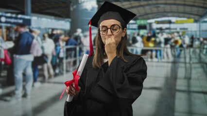 Naklejka premium Woman in graduation gown and mortarboard holding rolled diploma tied with red ribbon, smiling and making ok sign at airport terminal; pride celebration.