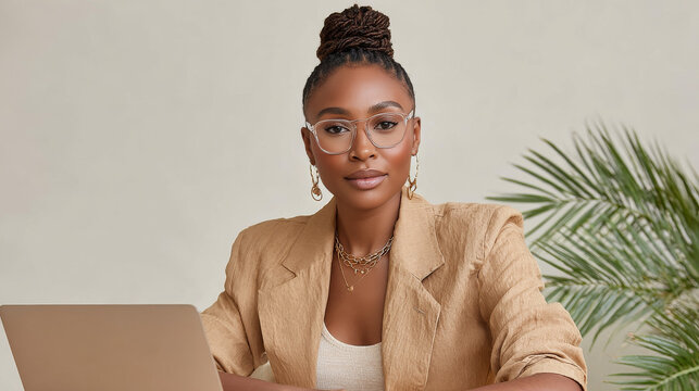 The woman in the picture, with her hair up and wearing thin-rimmed glasses, is dressed in a light brown suit jacket. A laptop is placed in front of her, and the background is a light-colored wall 