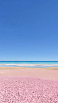 The lower half of the image features a fine pink sand beach, the middle ground is a light blue near-shore sea with varying shades, and the upper half is a clear, cloudless, bright blue sky. 