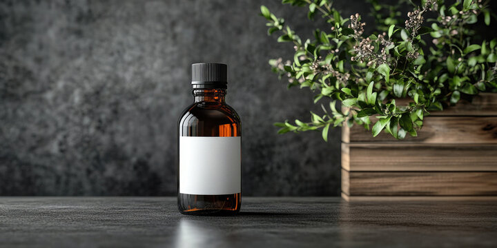 A brown amber glass dropper bottle with a blank white label sits on a dark smooth tabletop, beside a wooden planter holding fresh green herbs, against a muted textured dark gray background
