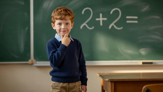 Boy thinking at chalkboard with math equation in classroom, elementary school education and learning concept