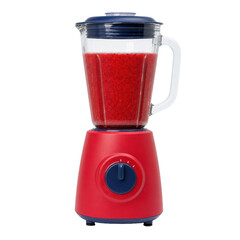 Vibrant red and blue blender filled with a delicious red berry smoothie stands upright on a clean white background © Chinases