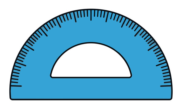 Flat blue semicircle protractor icon with clean degree tick marks isolated on a white background, representing engineering and geometry concept