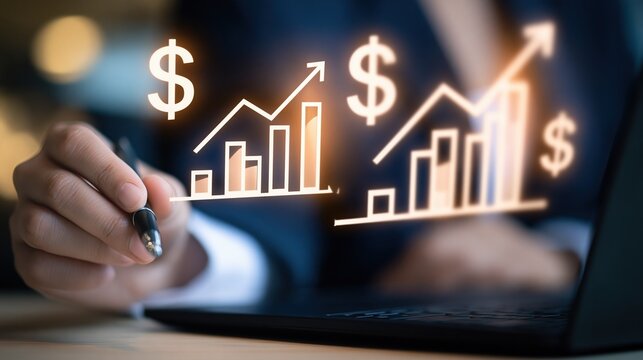 Business professional analyzing financial growth charts and dollar signs indicating increasing profits and successful investment strategies