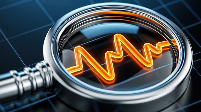 Magnifying glass focusing on glowing orange waveform graph, symbolizing data analysis and financial trends