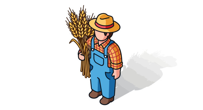 Isometric farmer holding wheat stalks. Agricultural worker in blue overalls and straw hat. Harvest character vector illustration.