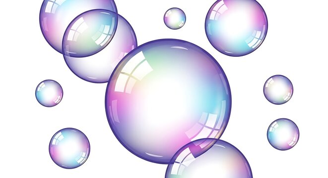 Iridescent bubbles floating on white background