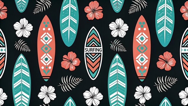 Seamless surfing pattern with surfboards and tropical hibiscus flowers