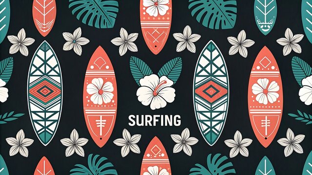 Seamless summer surfing pattern with surfboards and tropical leaves