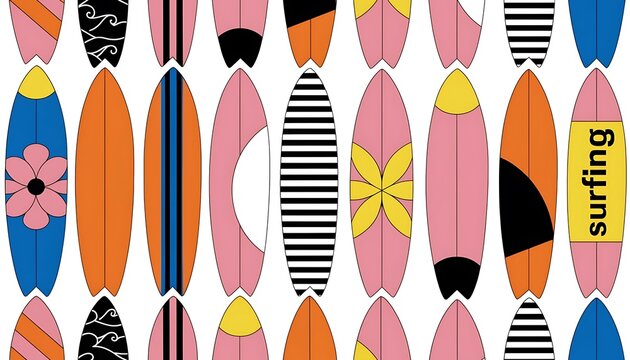 Seamless pattern background with colorful vintage style surfboards repeating