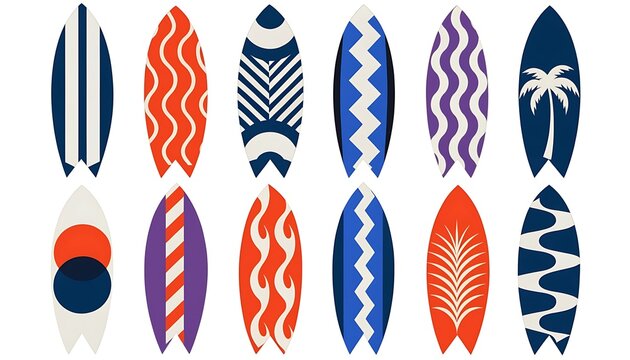 Set of colorful surfboards featuring different tropical and wave graphics