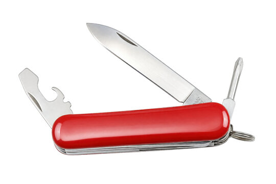 Shiny red multi-tool pocket knife with several blades and tools extended, isolated on a clean white background
