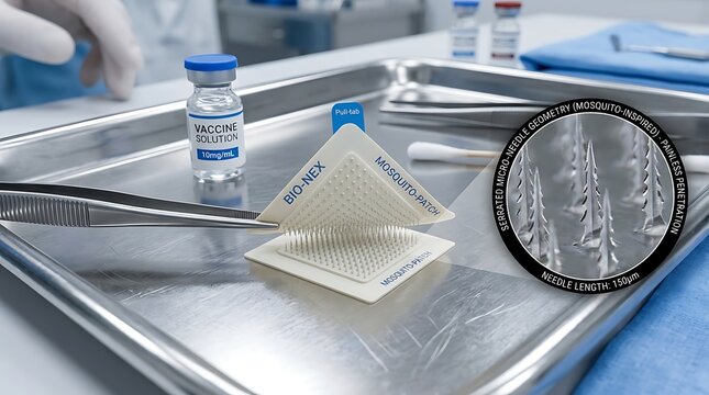 Medical microneedle vaccine patch on a sterile tray next to a vial with an inset SEM image showing the needle array