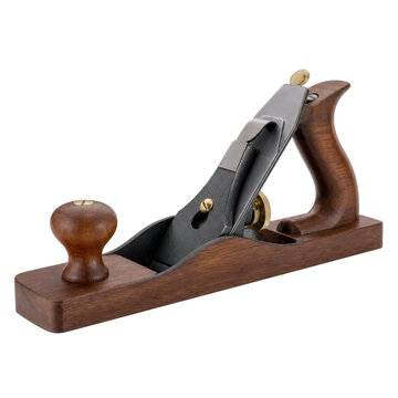 Classic wooden hand plane with a dark brown body and brass accents, viewed from a high angle on a white background