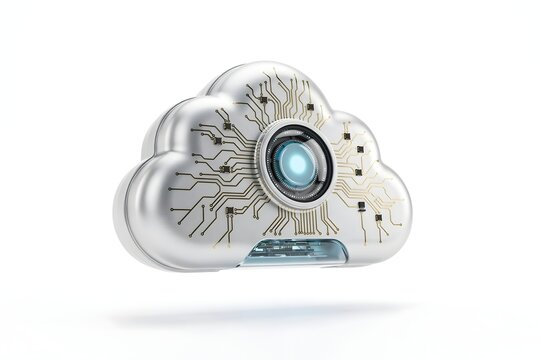 Futuristic 3D cloud computing icon with glowing circuit board patterns on white background