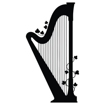A detailed harp with floral vines is presented as a black silhouette