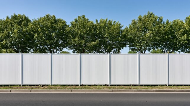 White corrugated sound barrier wall along a highway with lush green trees and blue sky