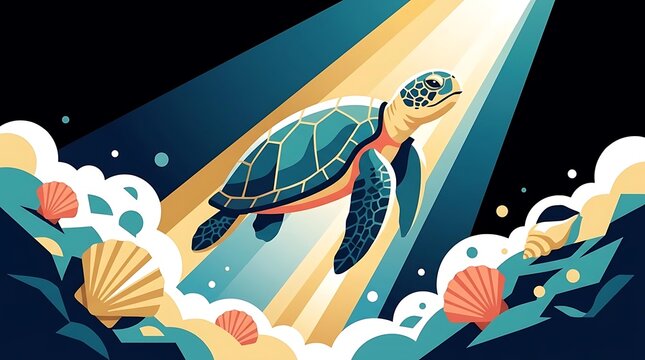 Stylized sea turtle swimming in ocean with seashells